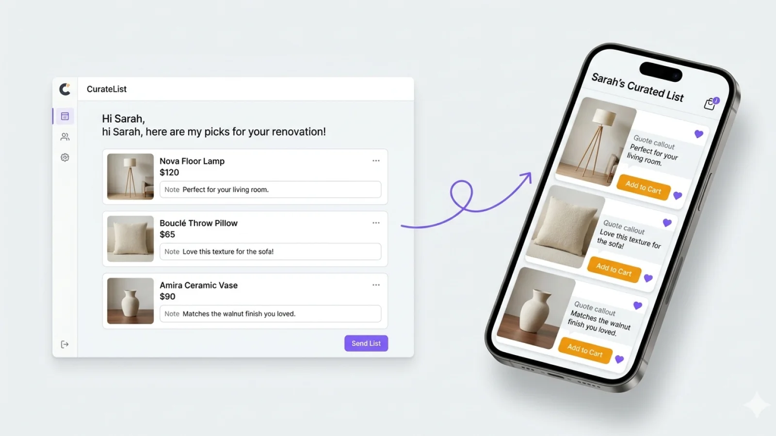 CurateList app interface